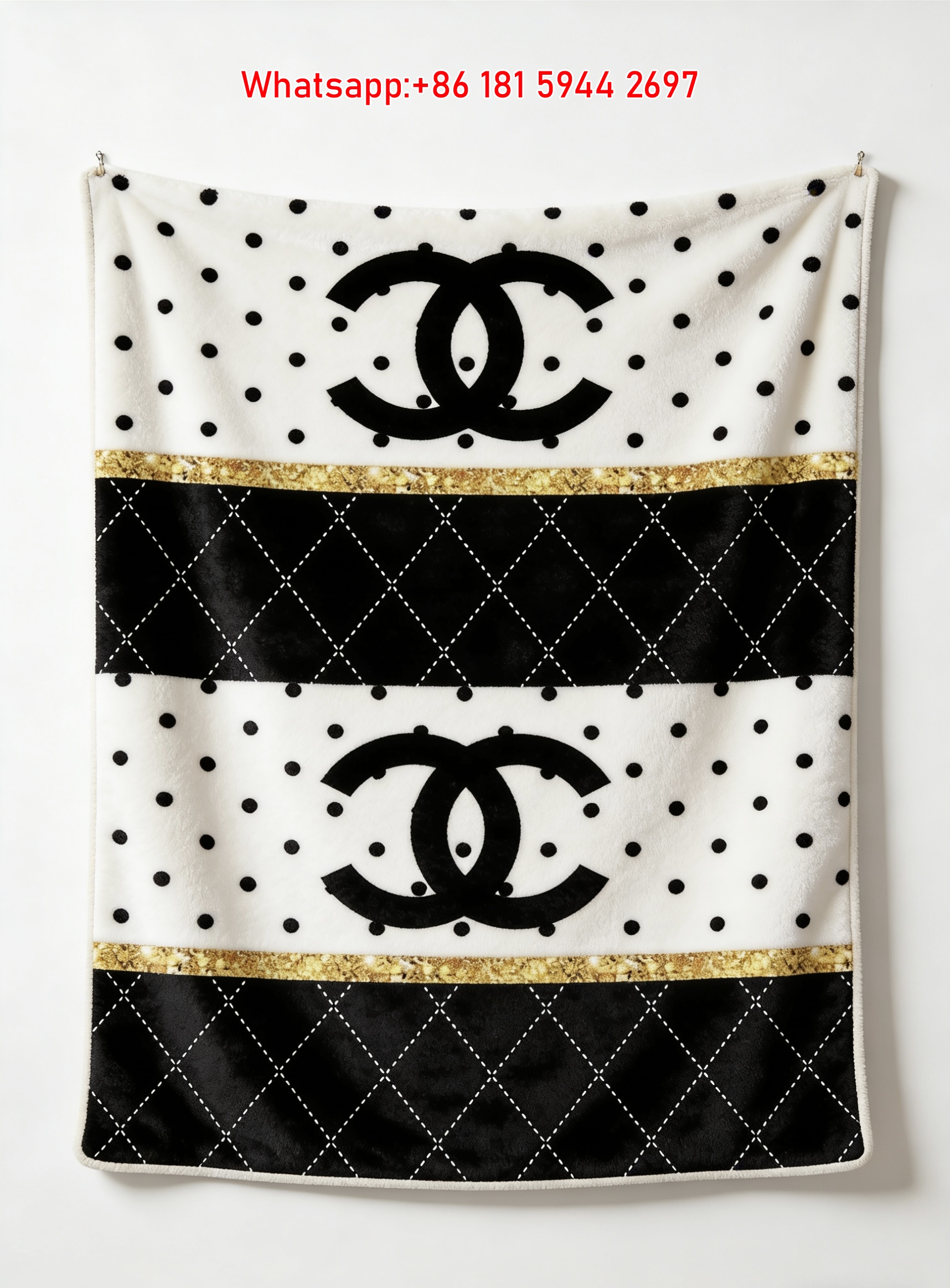 Chanel Black White Polka Dot Quilted Flannel Throw Blanket IMG_7127